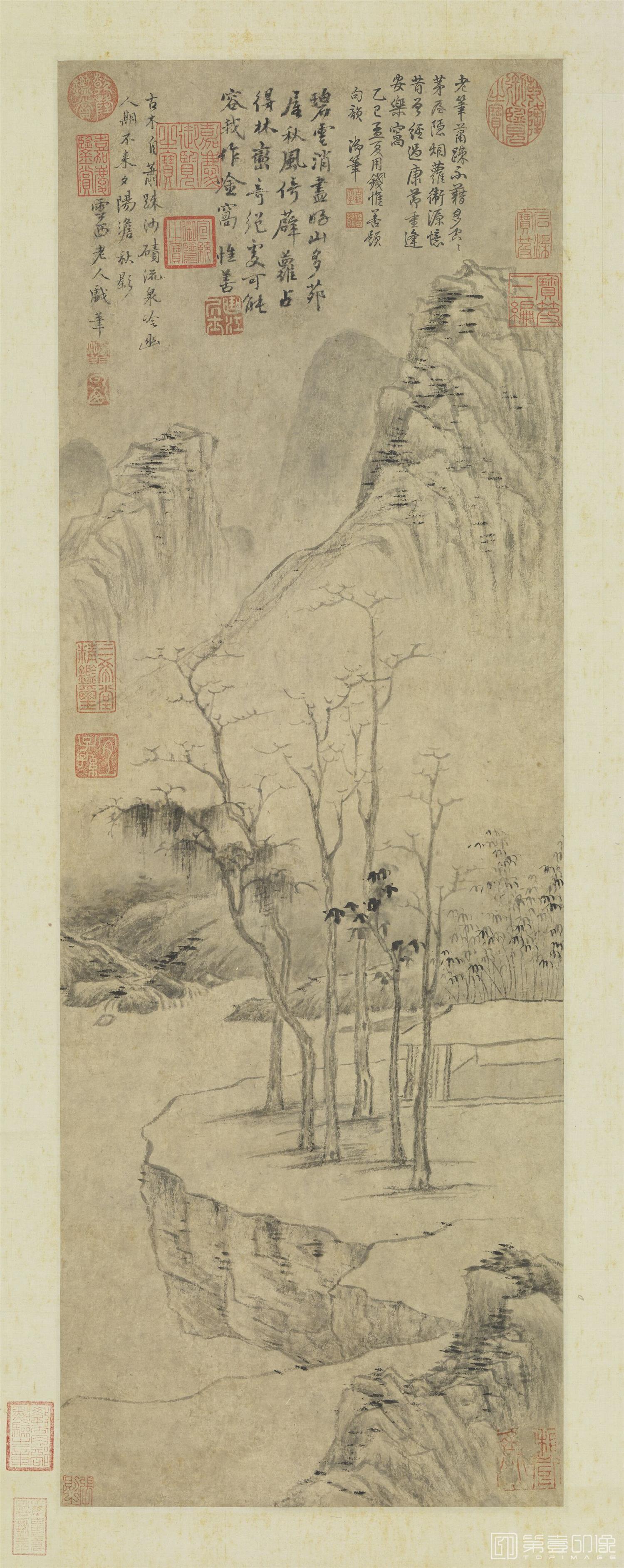 山水图(古木流泉) 80x27.8-曹知白-国画作品-第壹印像